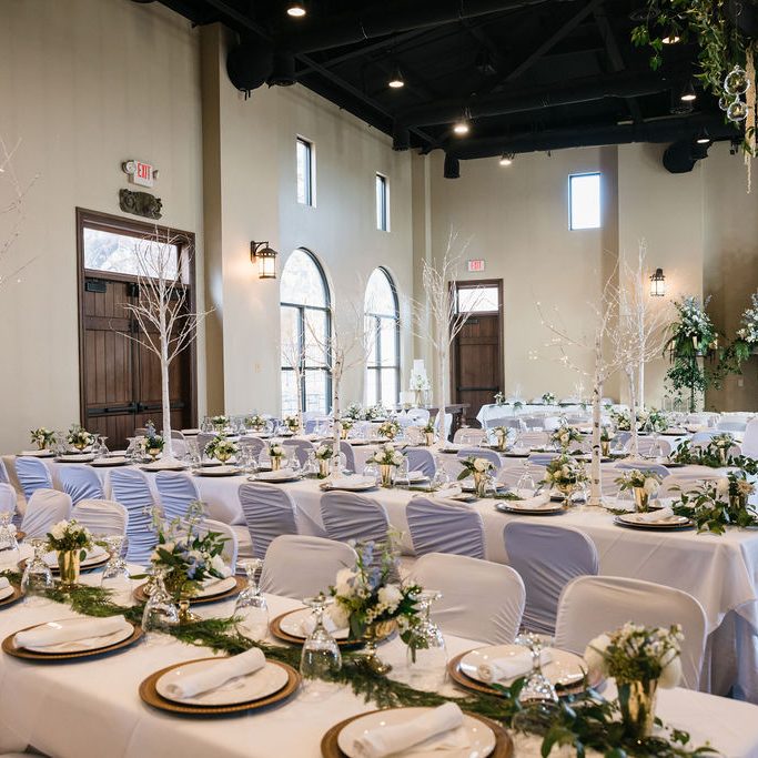 white tables with fireplace